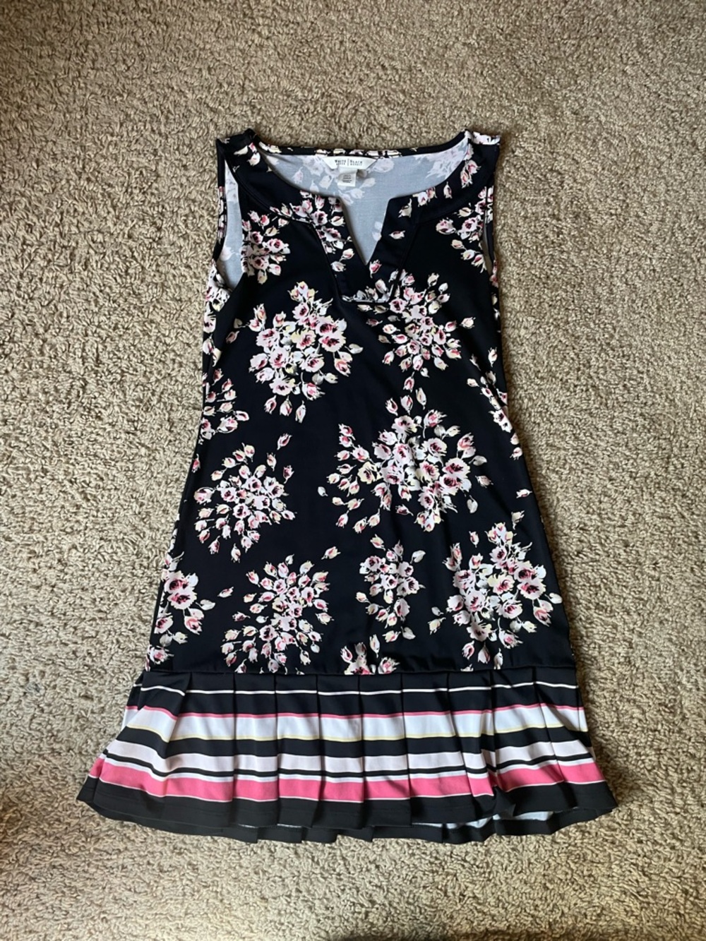 White House Black Market Black Floral Sleeveless Mini Dress with Pink Stripe Hem